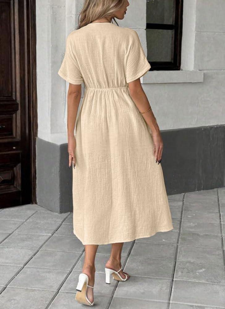 imagechouyatou Womens Summer Boho VNeck Cotton Tunic Dress Casual Loose Short Sleeve Midi Long Beach DressBeige
