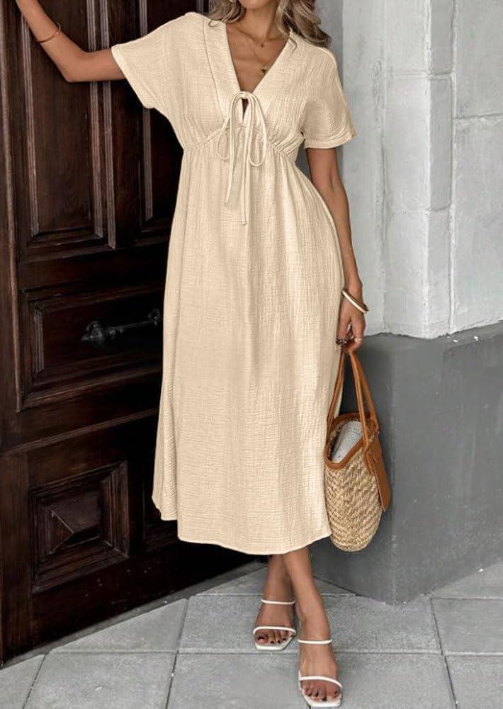 imagechouyatou Womens Summer Boho VNeck Cotton Tunic Dress Casual Loose Short Sleeve Midi Long Beach DressBeige