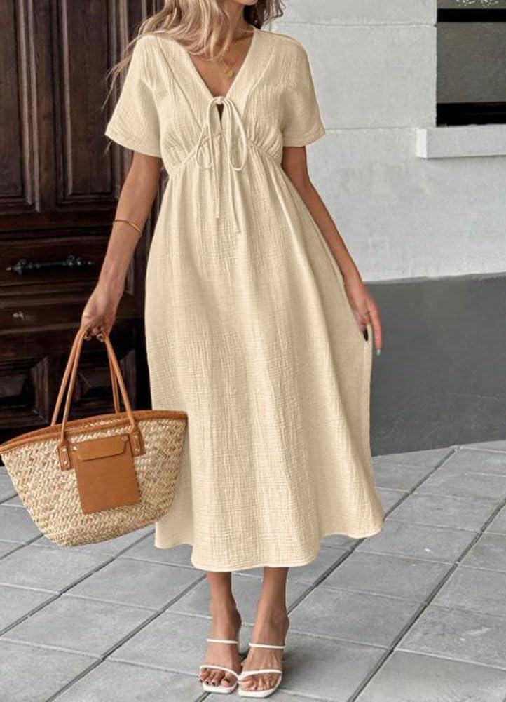 imagechouyatou Womens Summer Boho VNeck Cotton Tunic Dress Casual Loose Short Sleeve Midi Long Beach DressBeige
