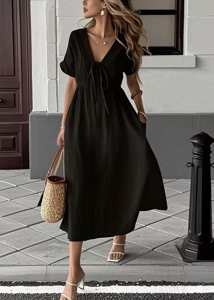 imagechouyatou Womens Summer Boho VNeck Cotton Tunic Dress Casual Loose Short Sleeve Midi Long Beach DressBlack