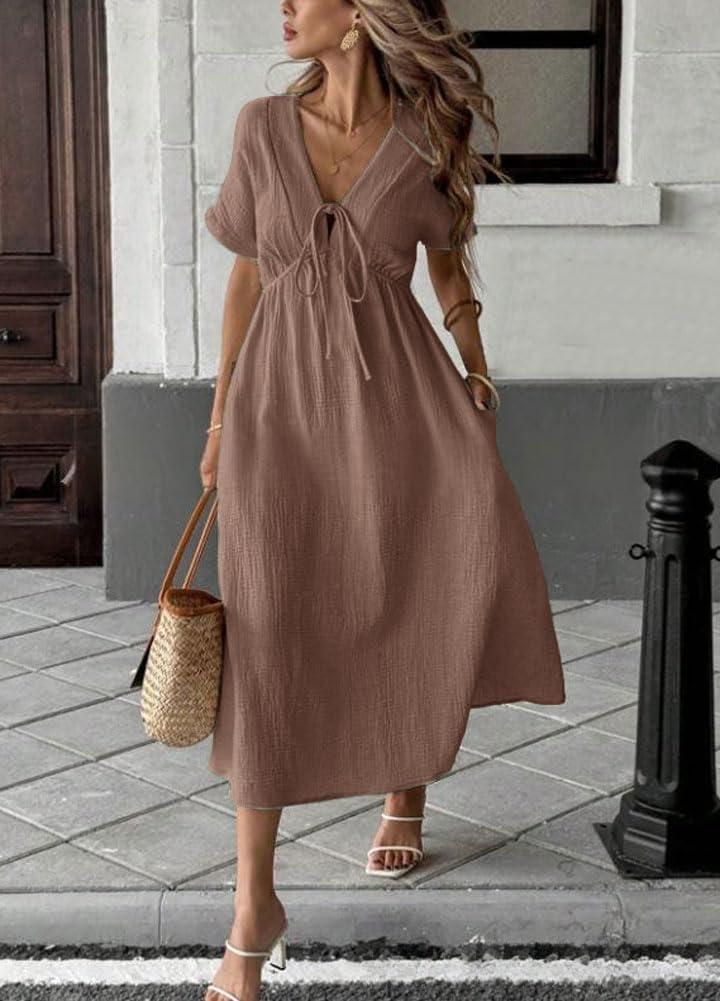 imagechouyatou Womens Summer Boho VNeck Cotton Tunic Dress Casual Loose Short Sleeve Midi Long Beach DressBrown