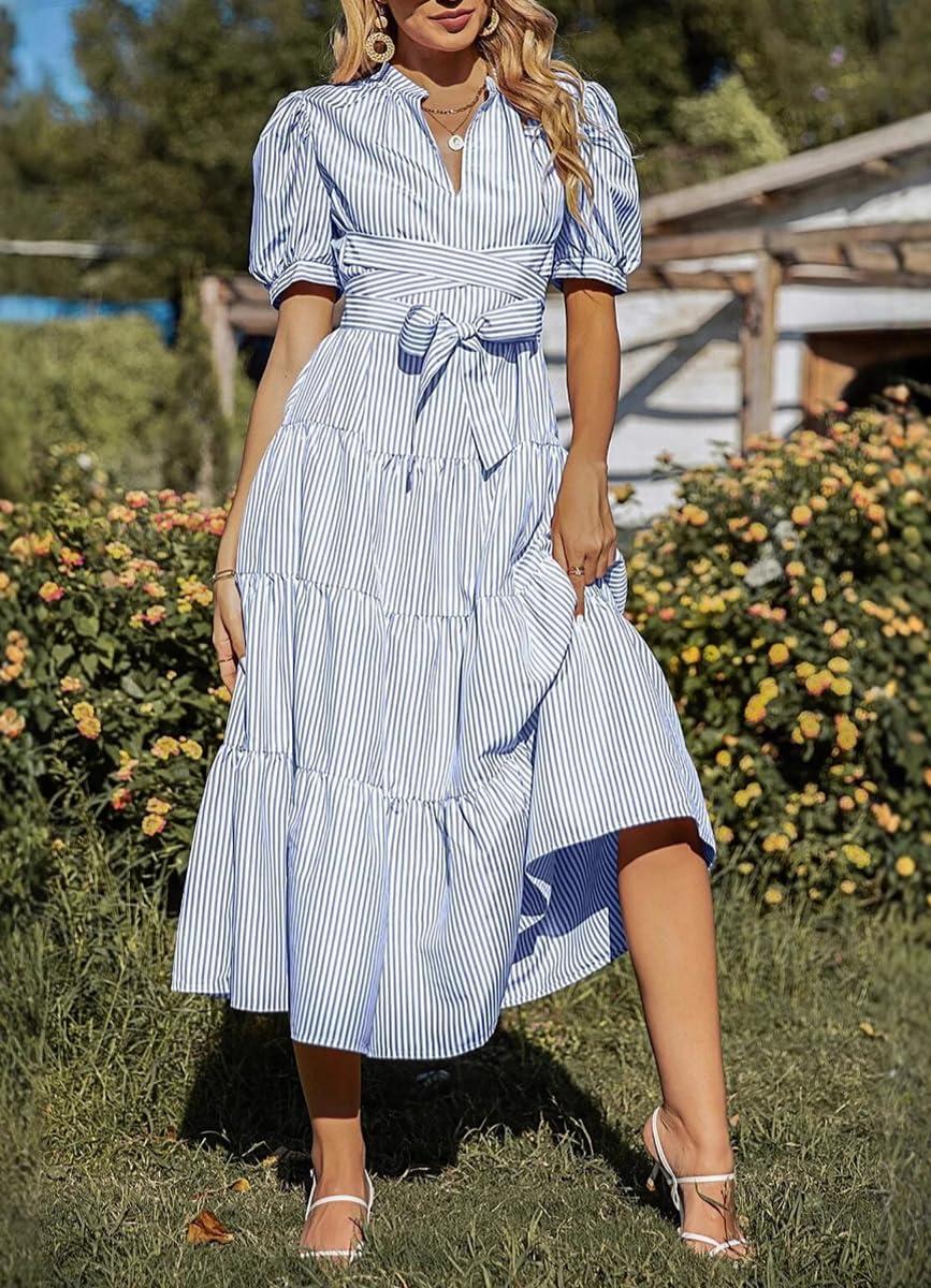 imagechouyatou Womens Summer Business Casual Stripe Shirt Dress Puff Short Sleeve Tiered Midi Long Beach DressBlue