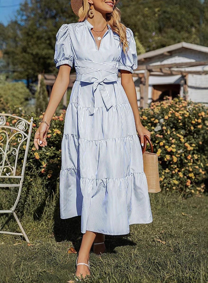 imagechouyatou Womens Summer Business Casual Stripe Shirt Dress Puff Short Sleeve Tiered Midi Long Beach DressBlue