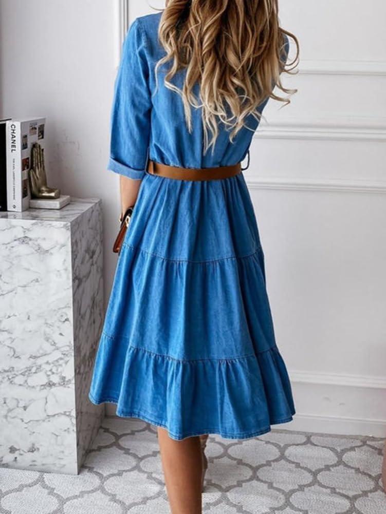 imagechouyatou Womens Summer Casual Denim Shirt Dress Tiered ALine Midi Button Down Jean DressBlue