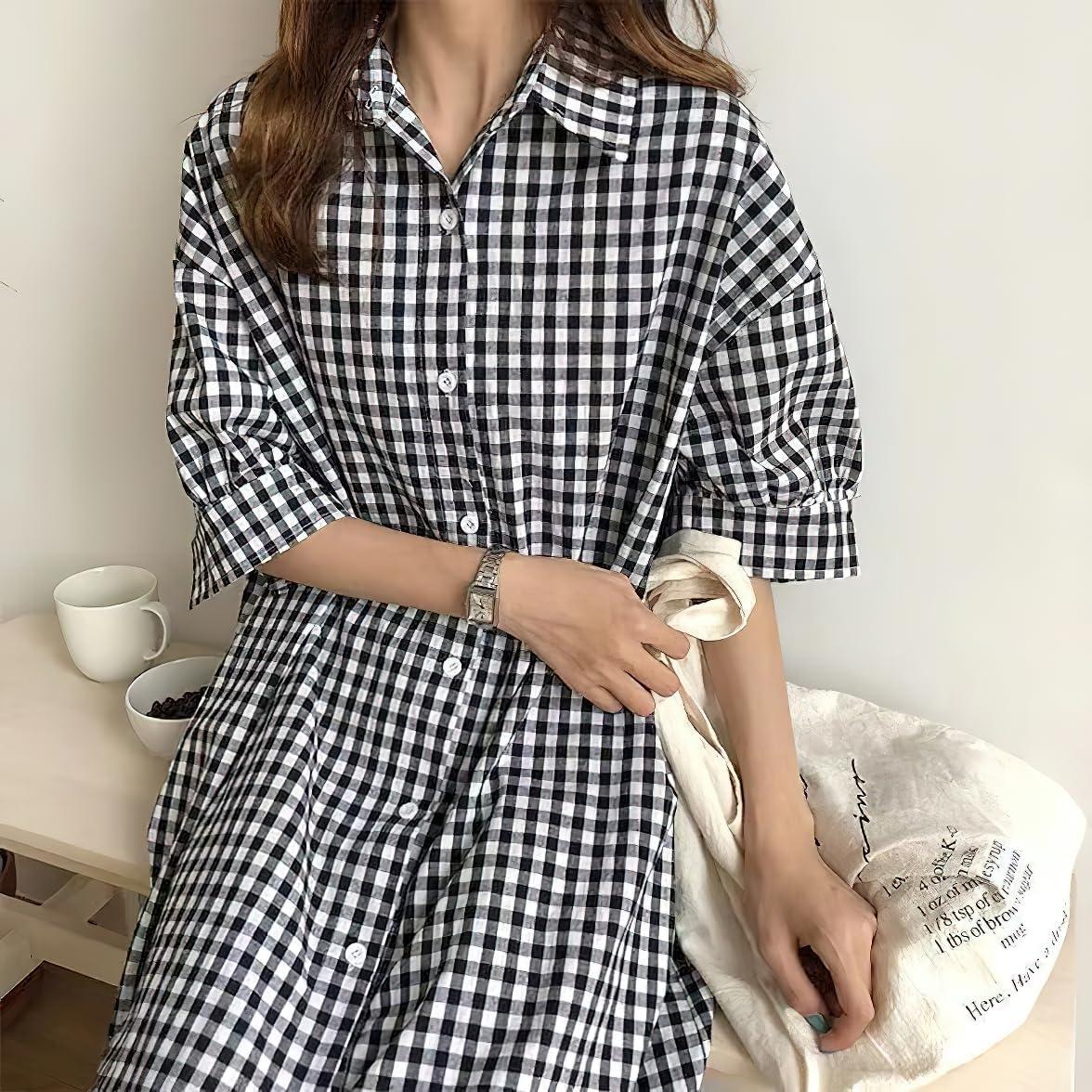 imagechouyatou Womens Summer Casual Short Sleeve Cotton Gingham Dress Plaid Midi Long Shirt DressPlaid Black