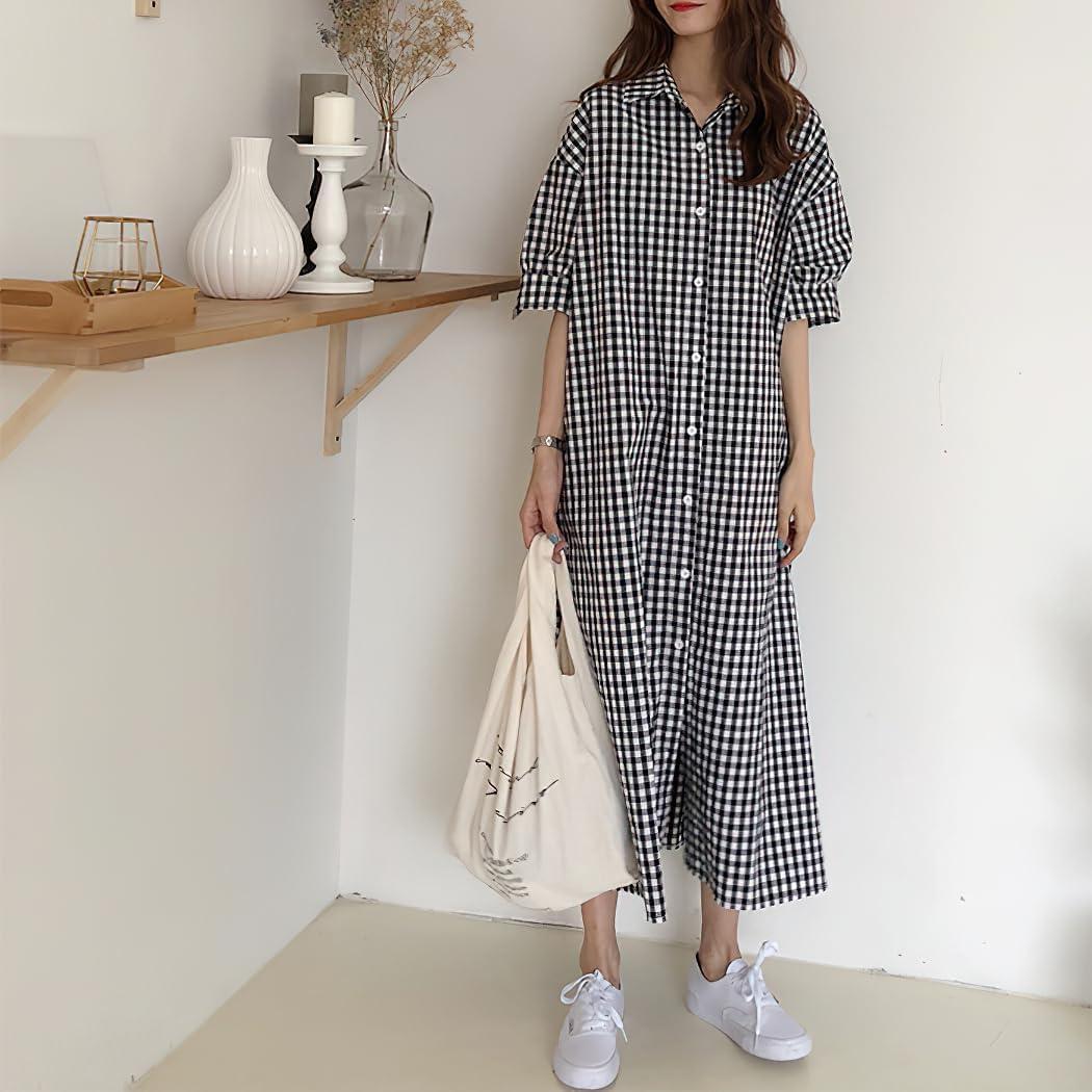 imagechouyatou Womens Summer Casual Short Sleeve Cotton Gingham Dress Plaid Midi Long Shirt DressPlaid Black
