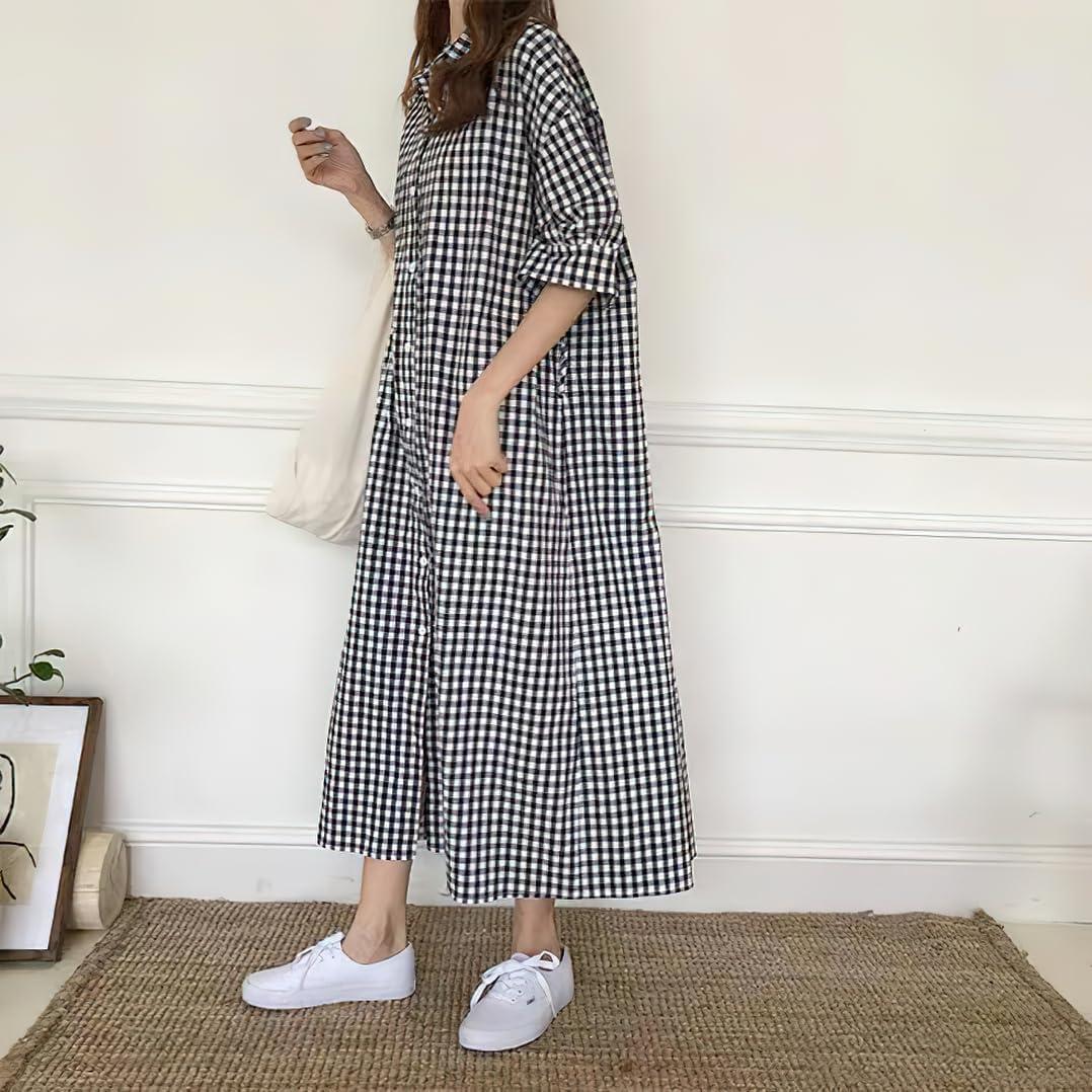 imagechouyatou Womens Summer Casual Short Sleeve Cotton Gingham Dress Plaid Midi Long Shirt DressPlaid Black