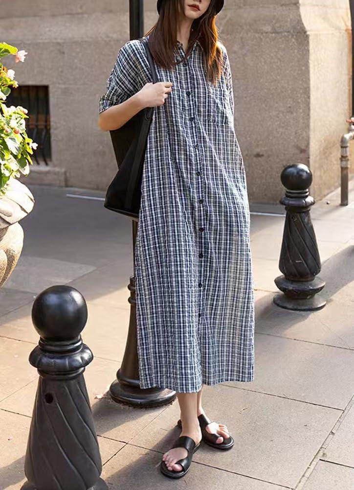 imagechouyatou Womens Summer Casual Short Sleeve Plaid Shirt Dress Button Down Gingham Midi Long Shift DressNavy Blue