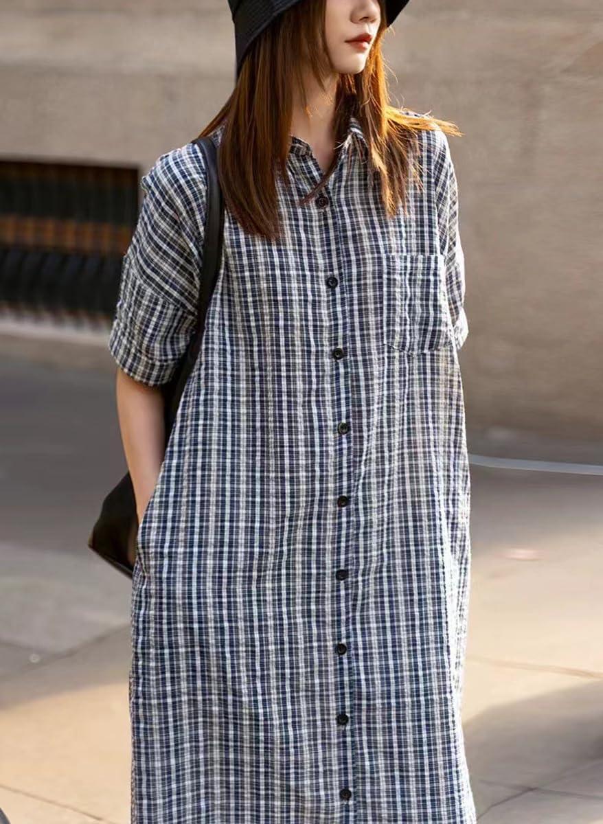 imagechouyatou Womens Summer Casual Short Sleeve Plaid Shirt Dress Button Down Gingham Midi Long Shift DressNavy Blue