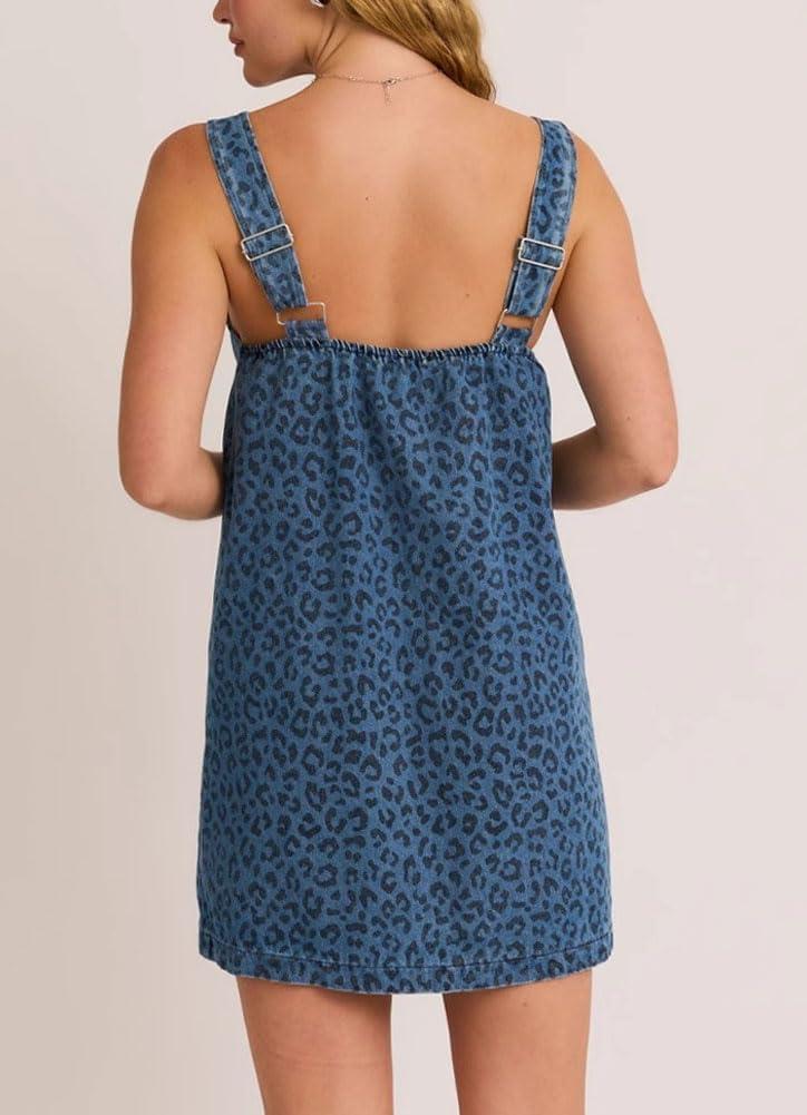 imagechouyatou Womens Summer Leopard Print Short Denim Overall Dress Sleeveless Square Neck Mini Jean Jumper DressBlue Leopard