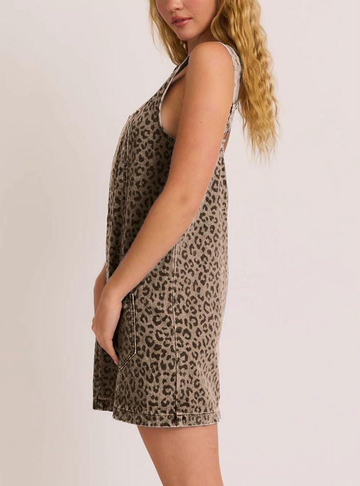 imagechouyatou Womens Summer Leopard Print Short Denim Overall Dress Sleeveless Square Neck Mini Jean Jumper DressClassic Leopard
