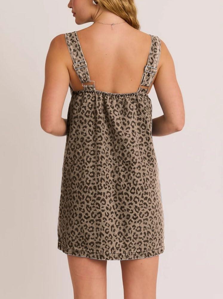 imagechouyatou Womens Summer Leopard Print Short Denim Overall Dress Sleeveless Square Neck Mini Jean Jumper DressClassic Leopard