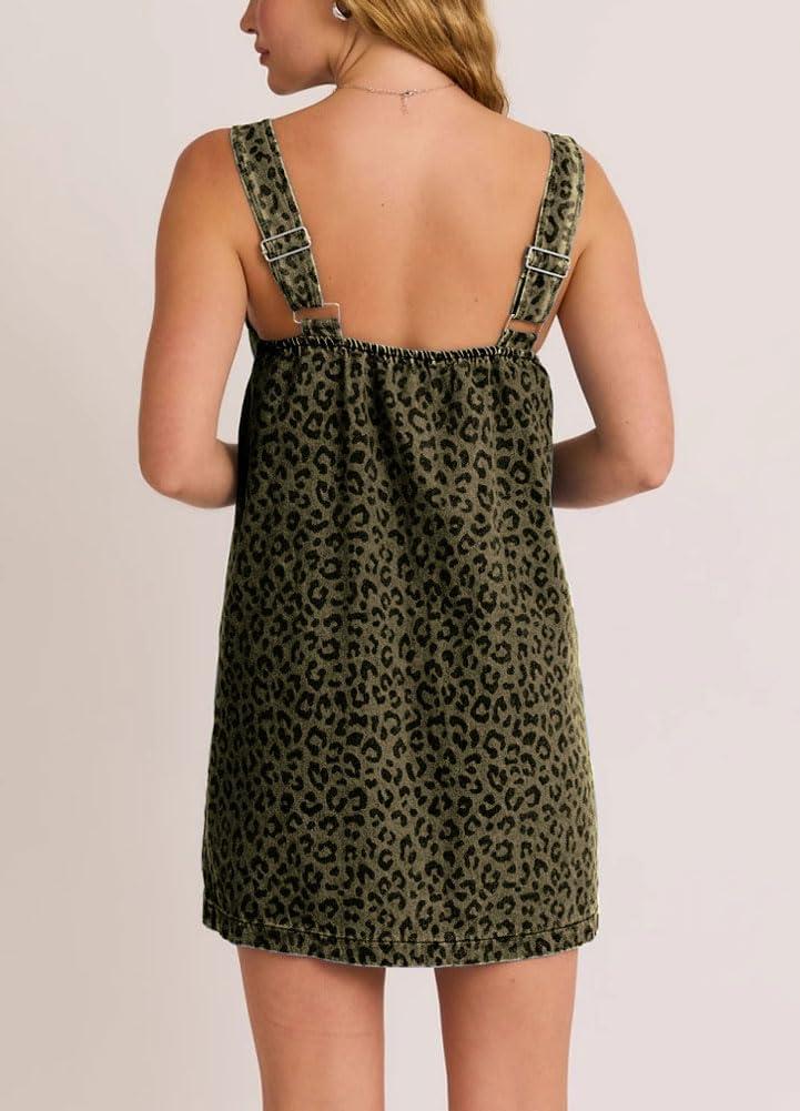 imagechouyatou Womens Summer Leopard Print Short Denim Overall Dress Sleeveless Square Neck Mini Jean Jumper DressGreen Leopard