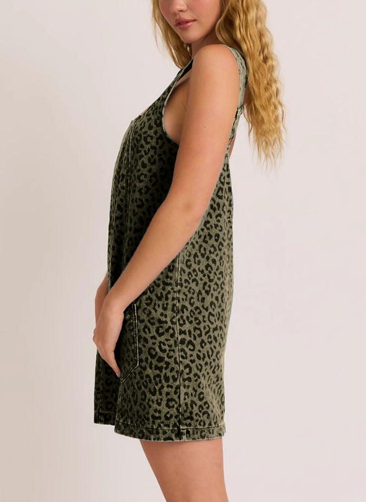 imagechouyatou Womens Summer Leopard Print Short Denim Overall Dress Sleeveless Square Neck Mini Jean Jumper DressGreen Leopard