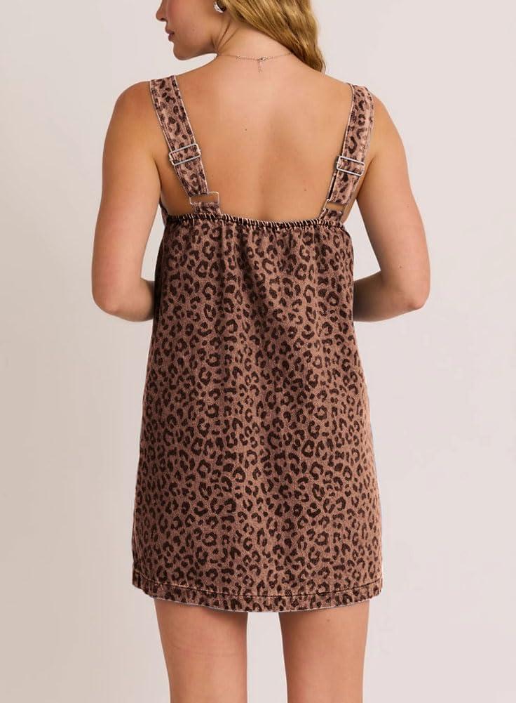 imagechouyatou Womens Summer Leopard Print Short Denim Overall Dress Sleeveless Square Neck Mini Jean Jumper DressKhaki Leopard