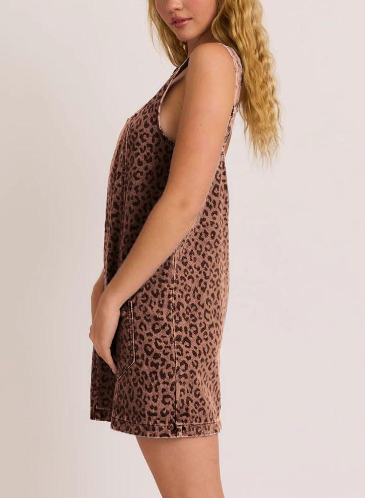 imagechouyatou Womens Summer Leopard Print Short Denim Overall Dress Sleeveless Square Neck Mini Jean Jumper DressKhaki Leopard