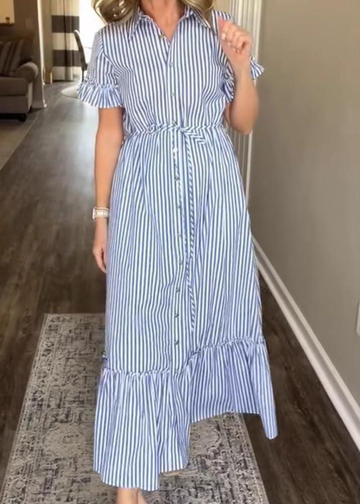 imagechouyatou Womens Summer Loose Stripe Maxi Shirt Dress Short Sleeve Drawstring Long Button Down Dress SundressBlue