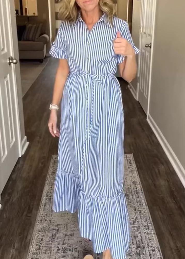 imagechouyatou Womens Summer Loose Stripe Maxi Shirt Dress Short Sleeve Drawstring Long Button Down Dress SundressBlue