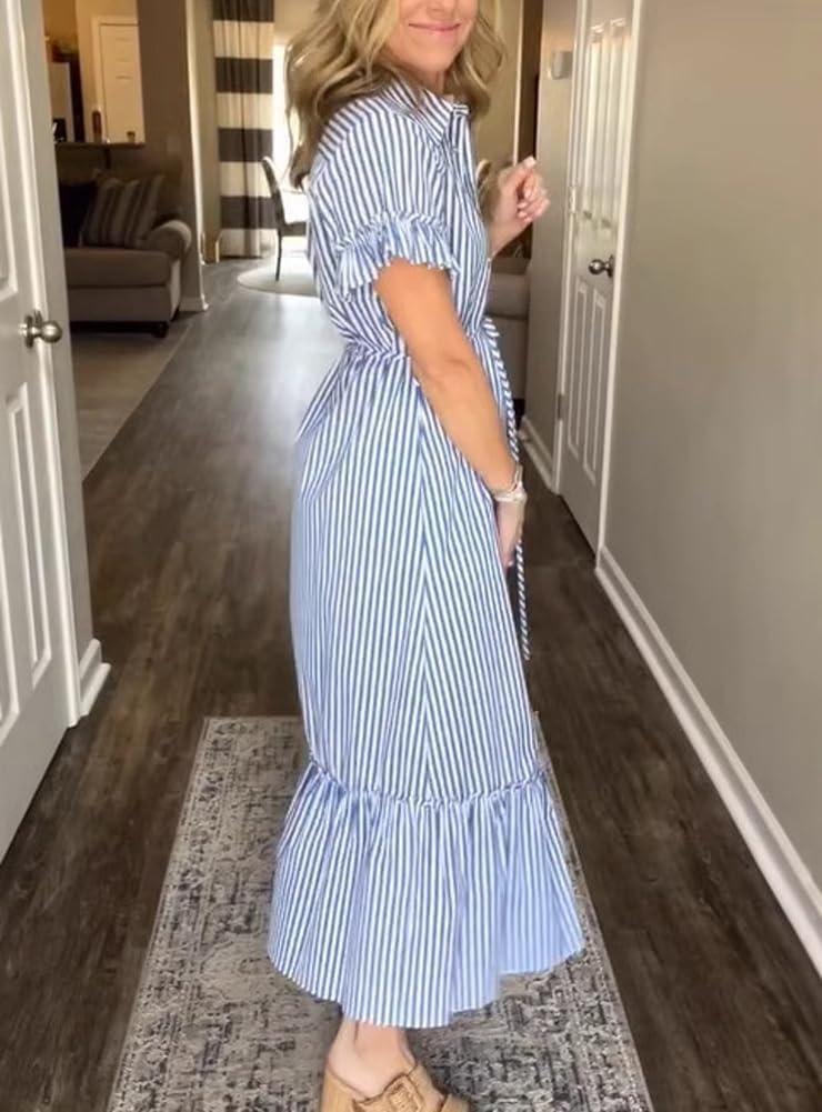 imagechouyatou Womens Summer Loose Stripe Maxi Shirt Dress Short Sleeve Drawstring Long Button Down Dress SundressBlue