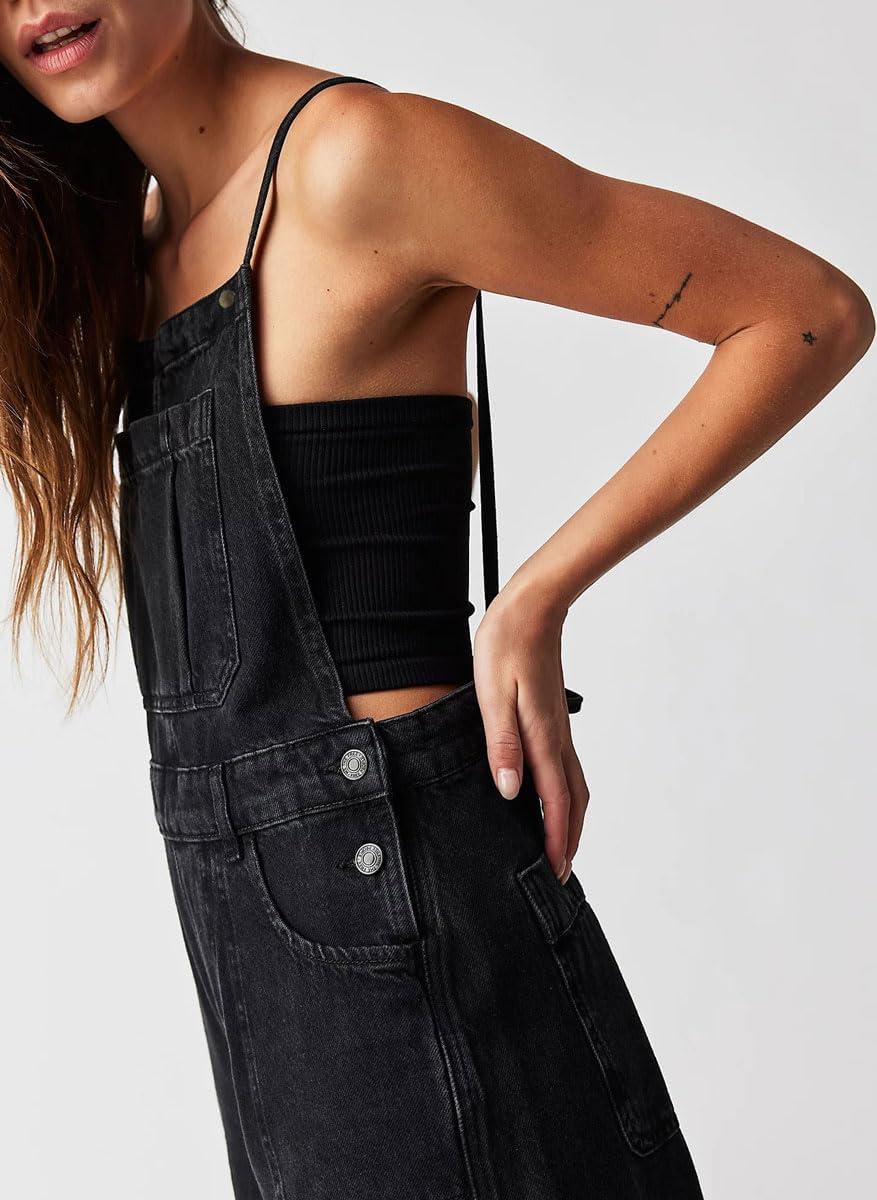 imagechouyatou Womens Summer Loose Wide Leg Denim Bib Overalls Y2k Baggy Cropped Jeans JumpsuitsBlack