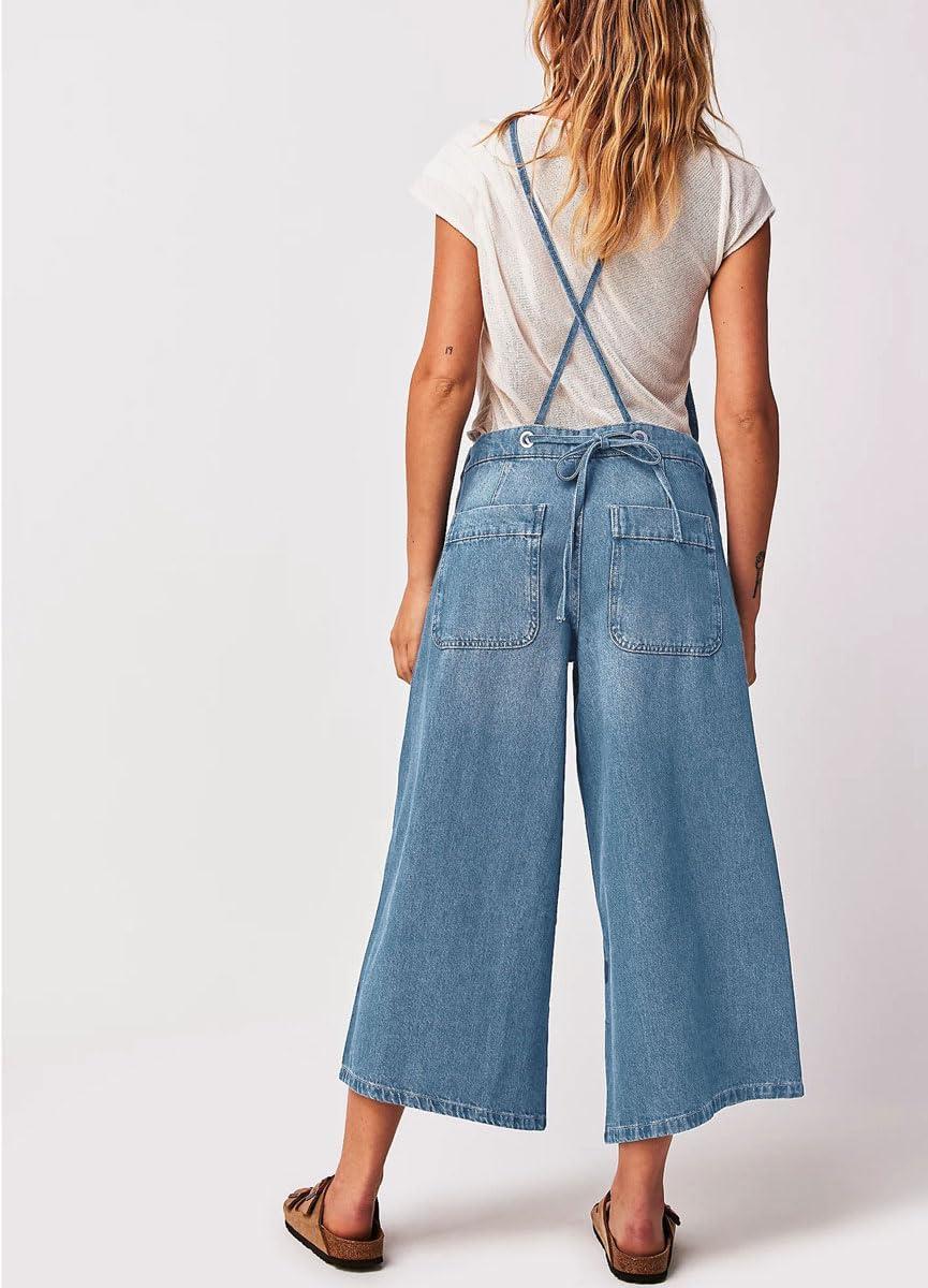 imagechouyatou Womens Summer Loose Wide Leg Denim Bib Overalls Y2k Baggy Cropped Jeans JumpsuitsBlue