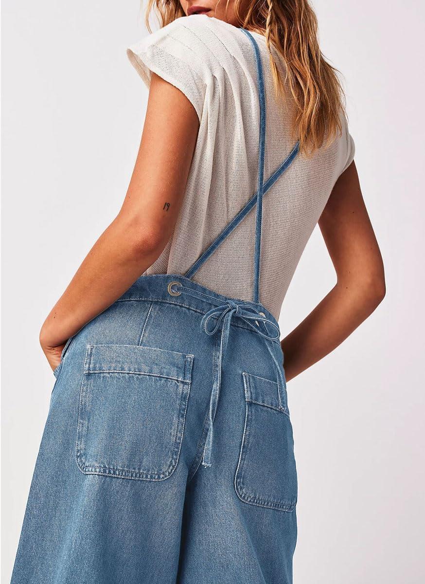 imagechouyatou Womens Summer Loose Wide Leg Denim Bib Overalls Y2k Baggy Cropped Jeans JumpsuitsBlue
