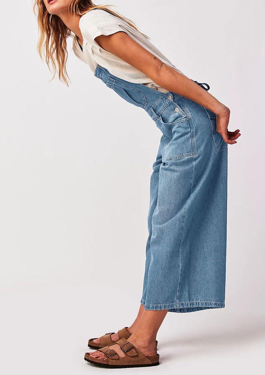 imagechouyatou Womens Summer Loose Wide Leg Denim Bib Overalls Y2k Baggy Cropped Jeans JumpsuitsBlue