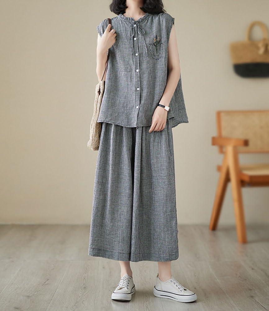 imagechouyatou Womens Summer Plaid 2 Piece Outfits Button Down Tank Top Wide Leg Capri Culotte Pants Matching SetBlack