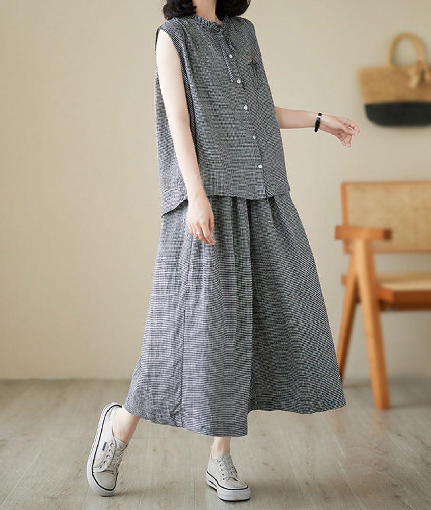 imagechouyatou Womens Summer Plaid 2 Piece Outfits Button Down Tank Top Wide Leg Capri Culotte Pants Matching SetBlack