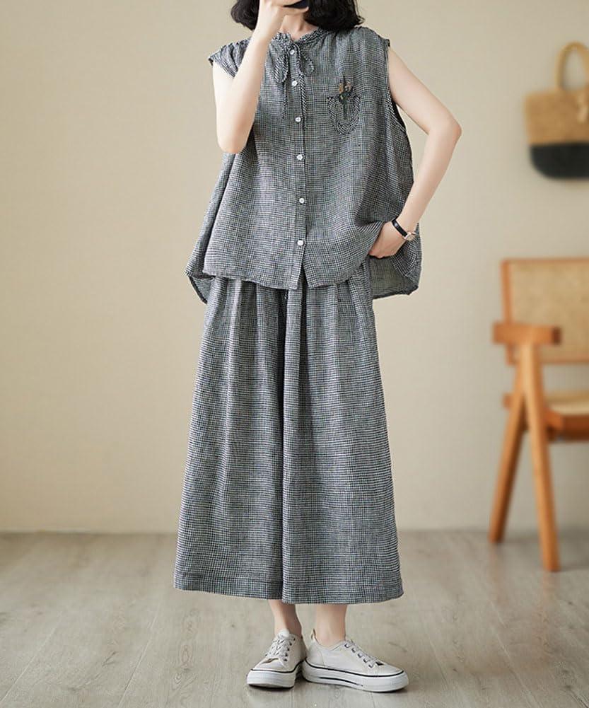 imagechouyatou Womens Summer Plaid 2 Piece Outfits Button Down Tank Top Wide Leg Capri Culotte Pants Matching SetBlack