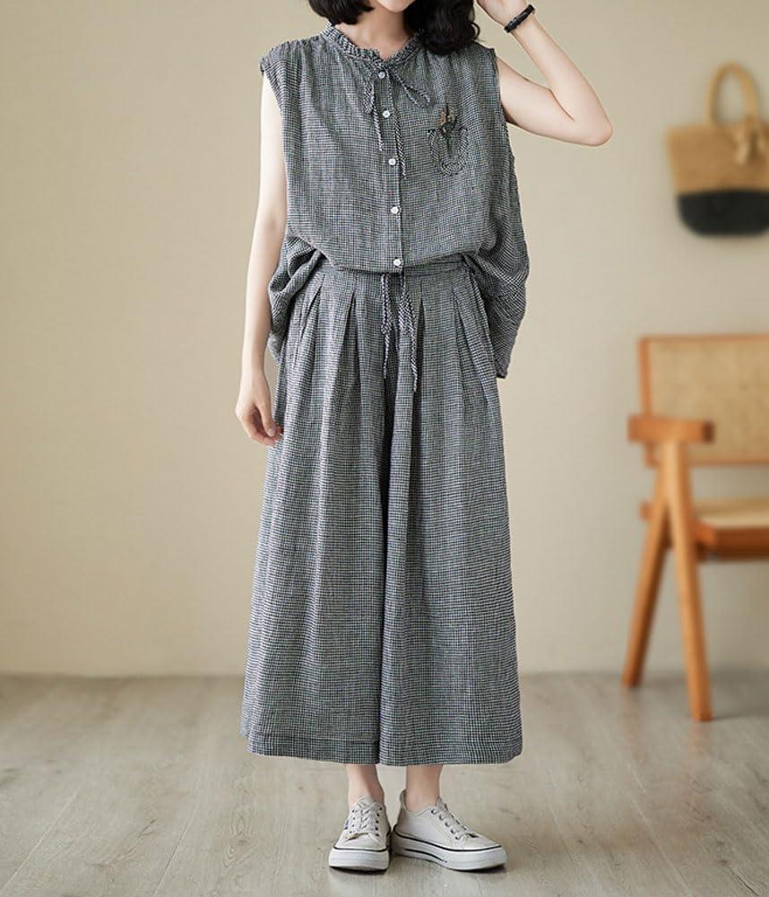 imagechouyatou Womens Summer Plaid 2 Piece Outfits Button Down Tank Top Wide Leg Capri Culotte Pants Matching SetBlack
