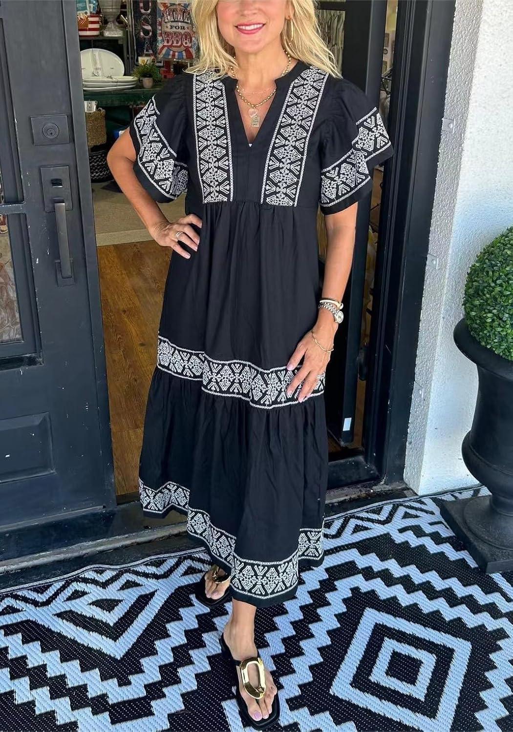 imagechouyatou Womens Summer Printed Floral Dress Casual Notch Neck Cotton Midi Long Mexican Tunic DressBlack