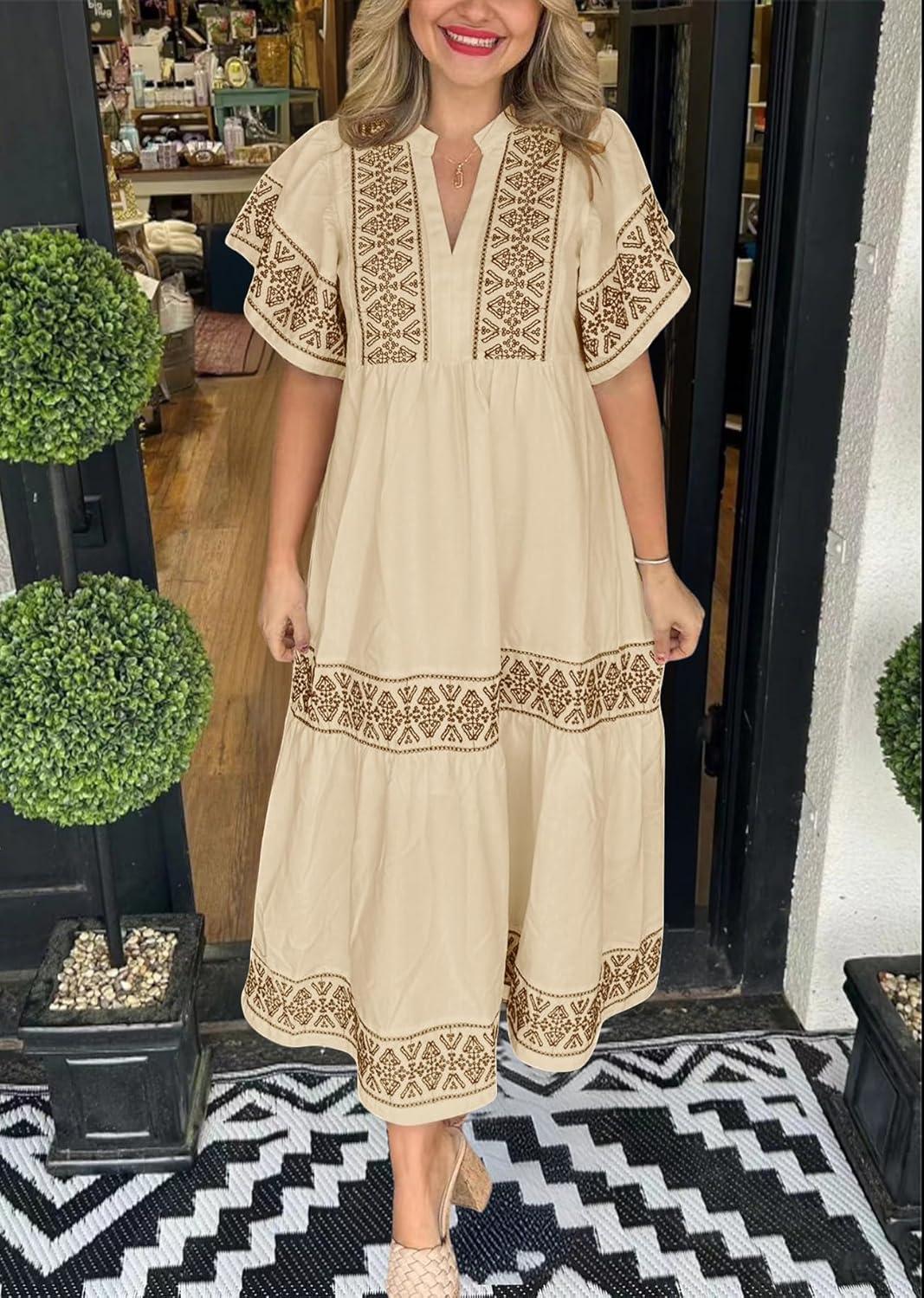 imagechouyatou Womens Summer Printed Floral Dress Casual Notch Neck Cotton Midi Long Mexican Tunic DressKhaki
