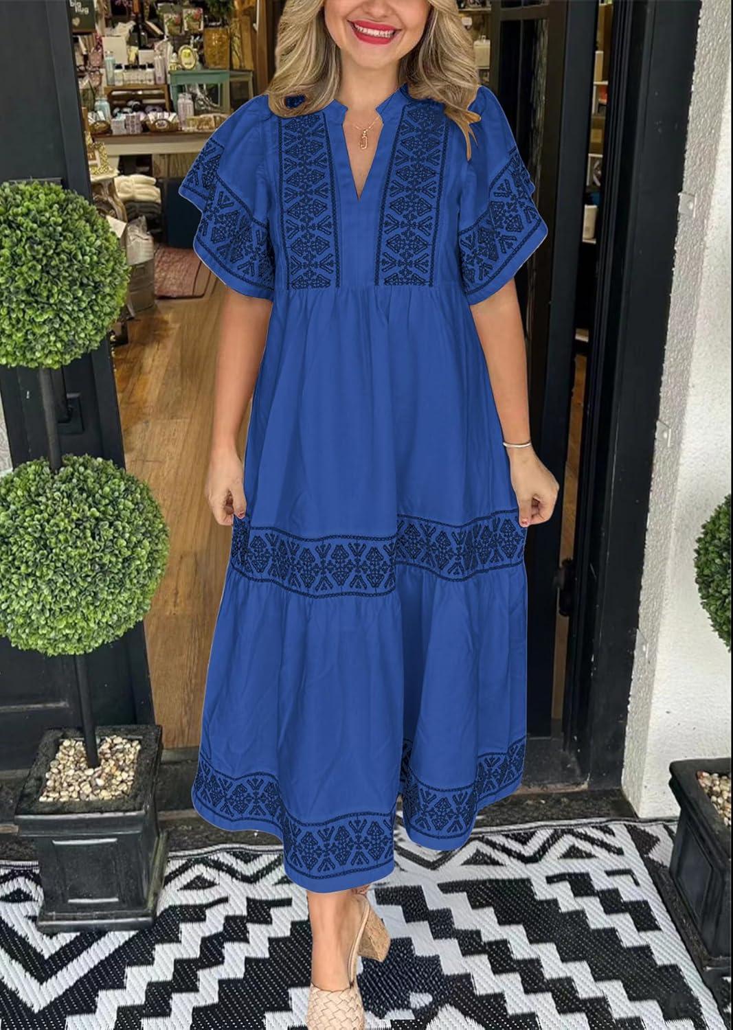 imagechouyatou Womens Summer Printed Floral Dress Casual Notch Neck Cotton Midi Long Mexican Tunic DressNavy Blue