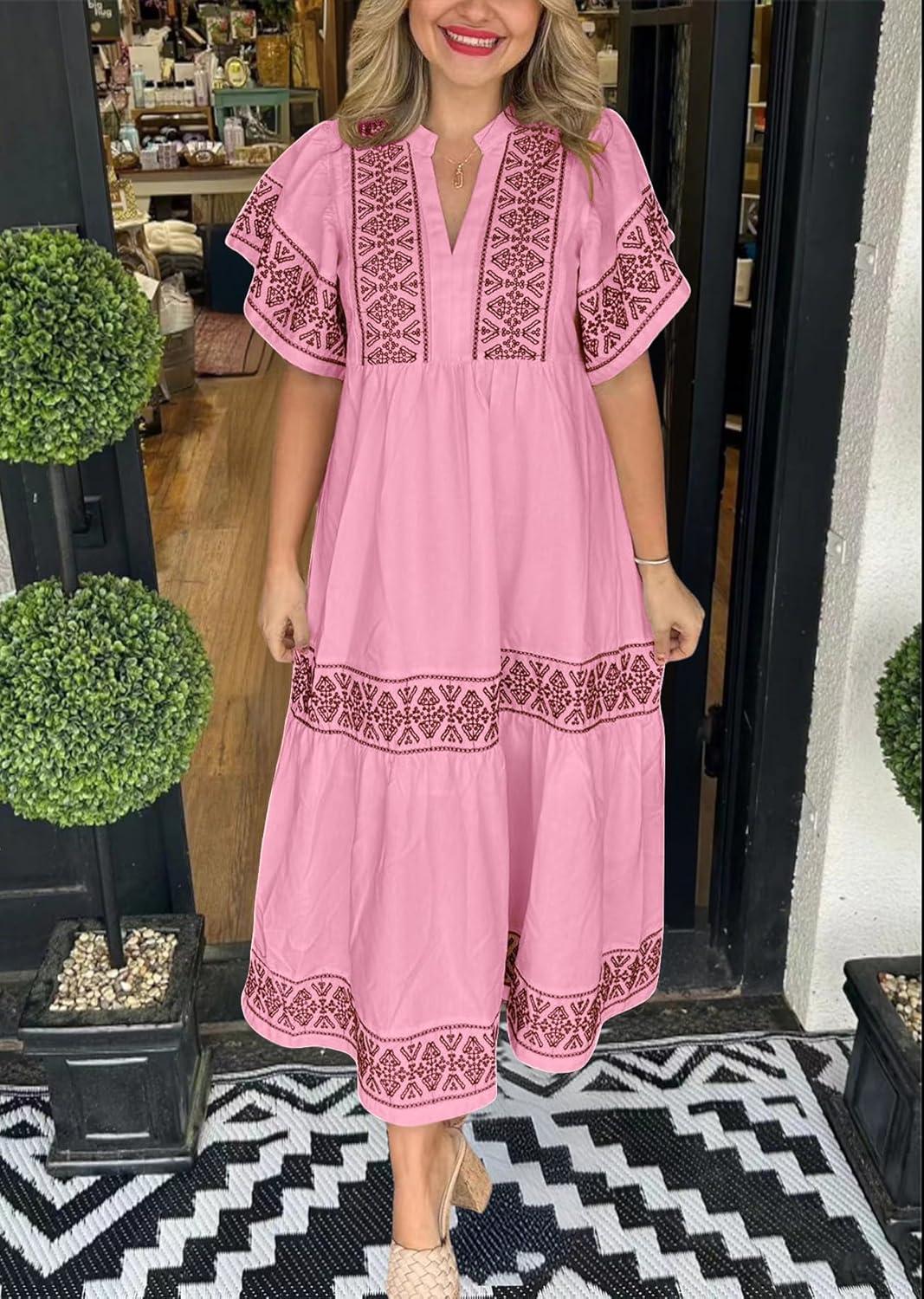 imagechouyatou Womens Summer Printed Floral Dress Casual Notch Neck Cotton Midi Long Mexican Tunic DressPink