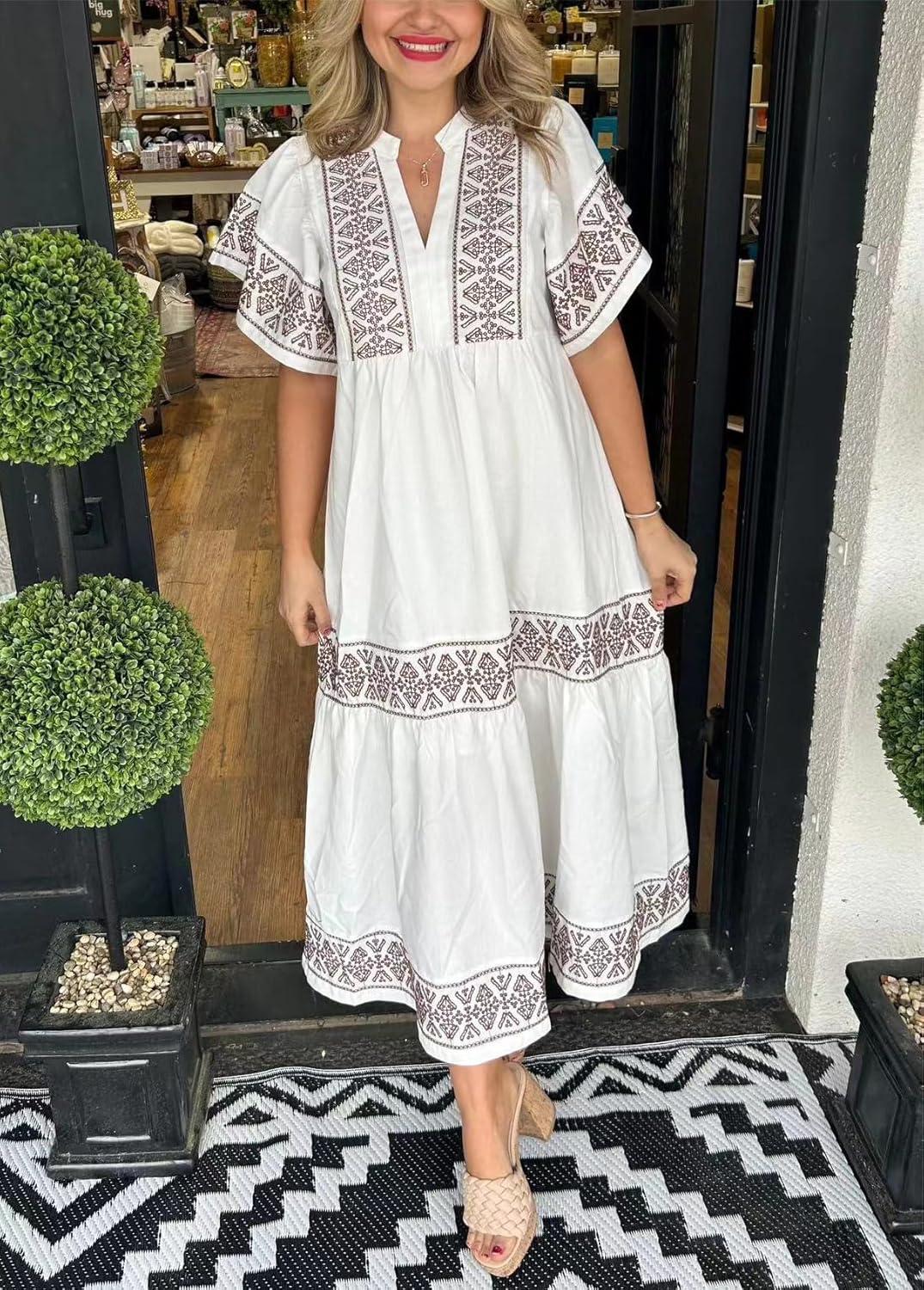imagechouyatou Womens Summer Printed Floral Dress Casual Notch Neck Cotton Midi Long Mexican Tunic DressWhite