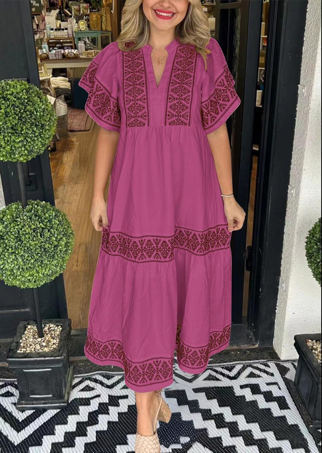 imagechouyatou Womens Summer Printed Floral Dress Casual Notch Neck Cotton Midi Long Mexican Tunic DressWine Red