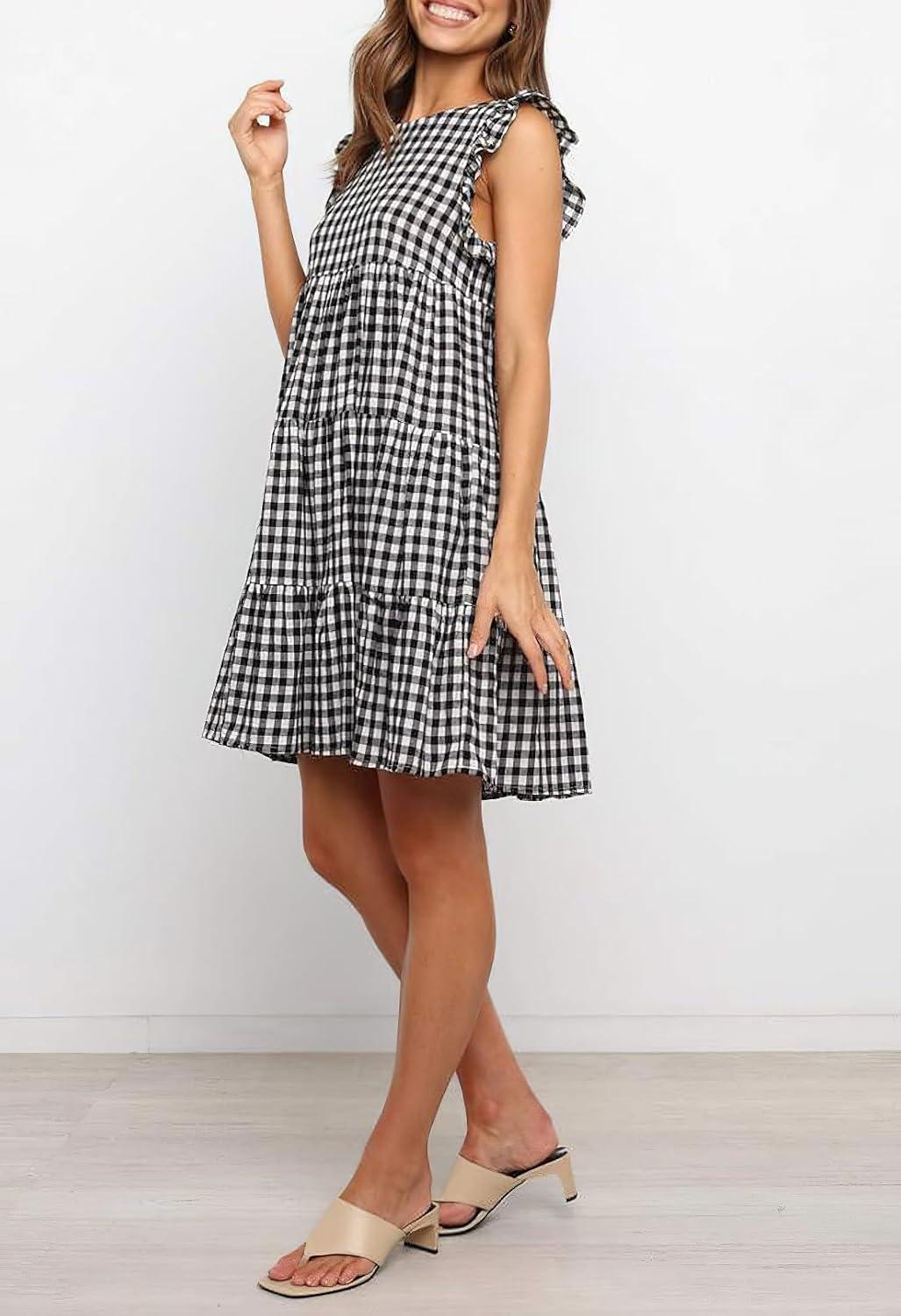 imagechouyatou Womens Summer Ruffle Puff Sleeve Babydoll Dress Cute Gingham Plaid Printed Tiered Midi DressBlack