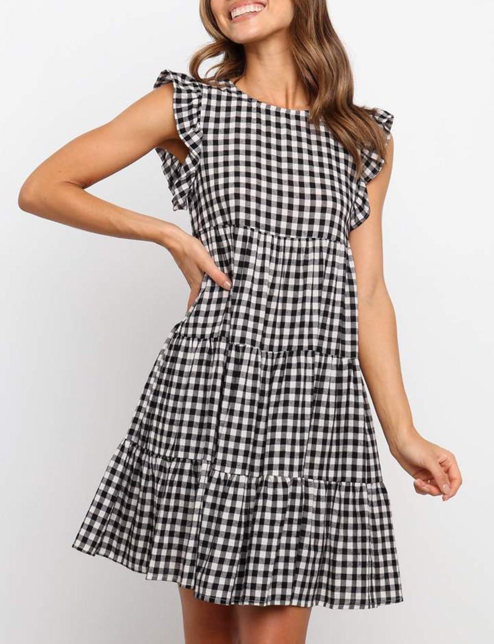 imagechouyatou Womens Summer Ruffle Puff Sleeve Babydoll Dress Cute Gingham Plaid Printed Tiered Midi DressBlack