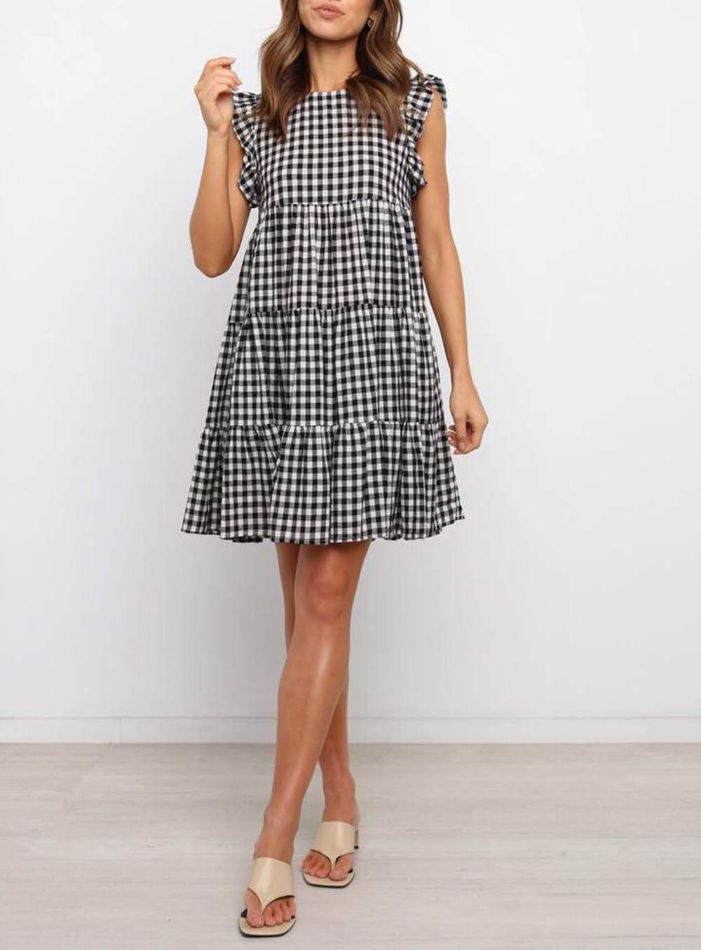 imagechouyatou Womens Summer Ruffle Puff Sleeve Babydoll Dress Cute Gingham Plaid Printed Tiered Midi DressBlack