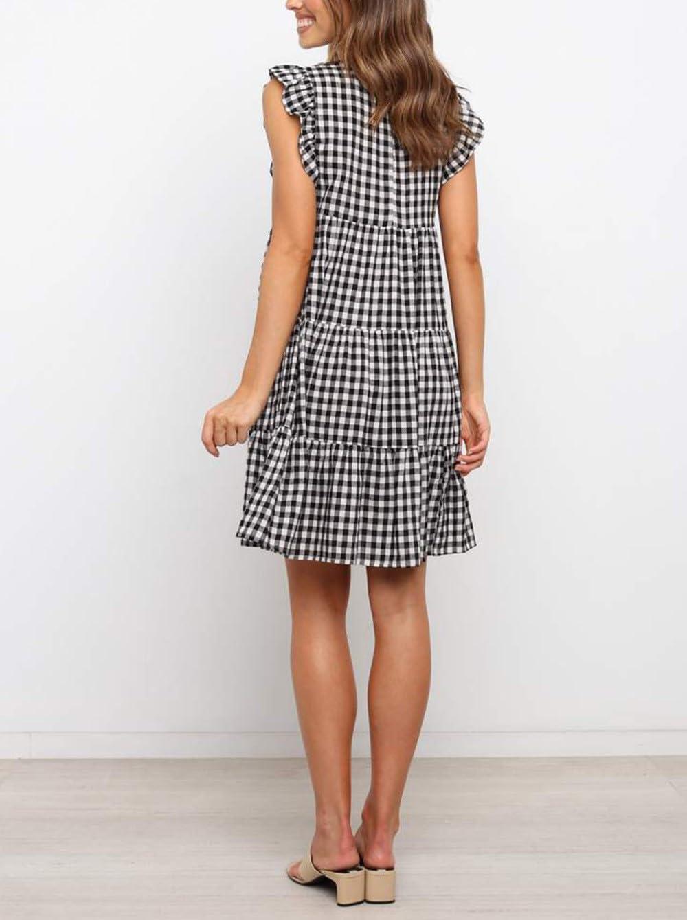 imagechouyatou Womens Summer Ruffle Puff Sleeve Babydoll Dress Cute Gingham Plaid Printed Tiered Midi DressBlack