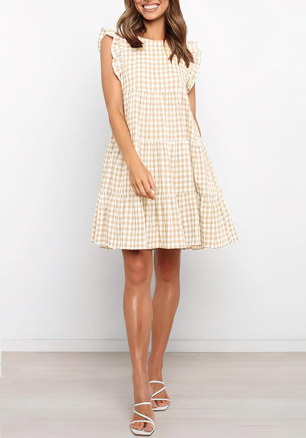 imagechouyatou Womens Summer Ruffle Puff Sleeve Babydoll Dress Cute Gingham Plaid Printed Tiered Midi DressKhaki