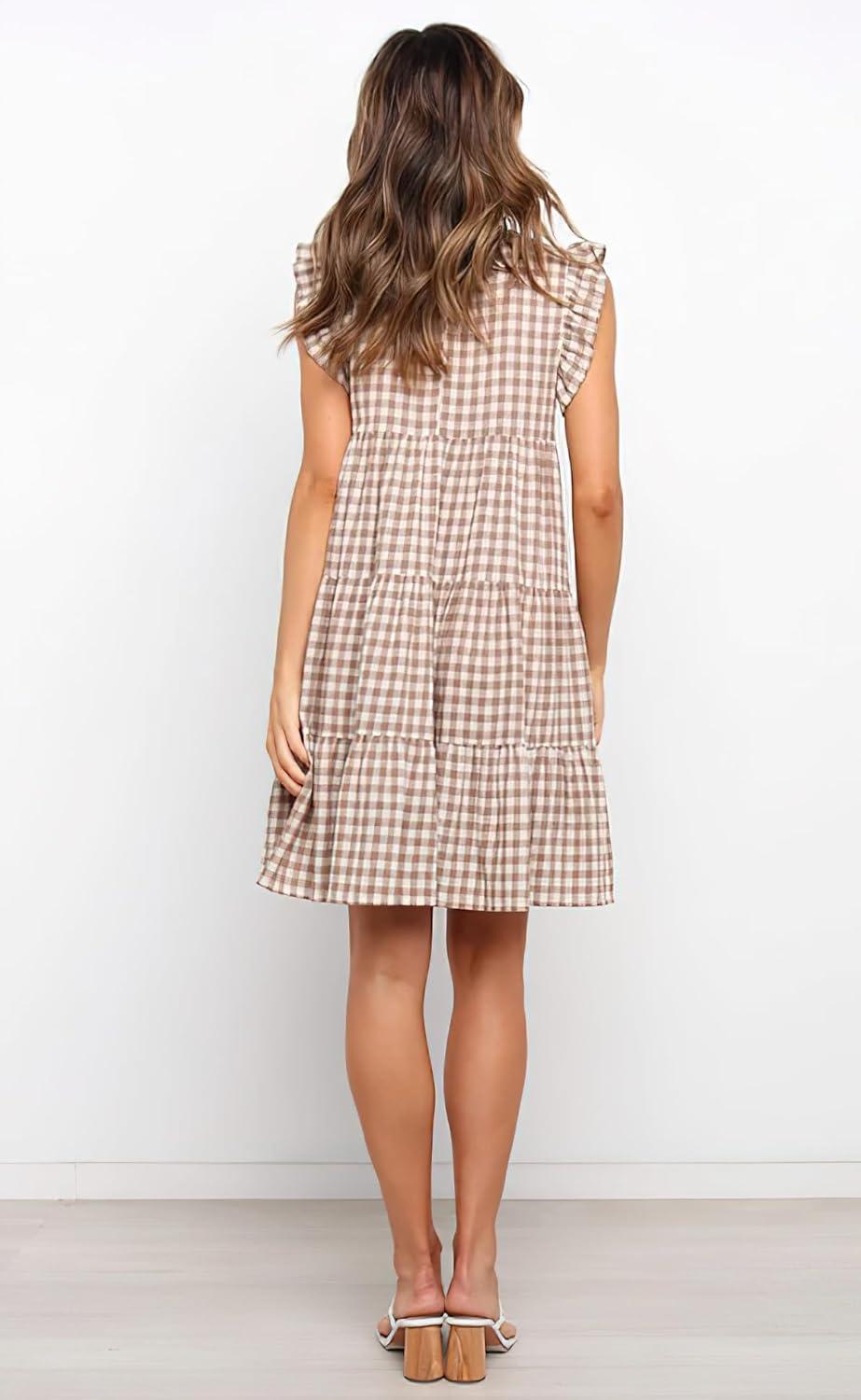 imagechouyatou Womens Summer Ruffle Puff Sleeve Babydoll Dress Cute Gingham Plaid Printed Tiered Midi DressKhaki