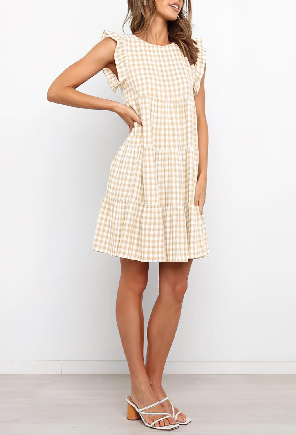 imagechouyatou Womens Summer Ruffle Puff Sleeve Babydoll Dress Cute Gingham Plaid Printed Tiered Midi DressKhaki