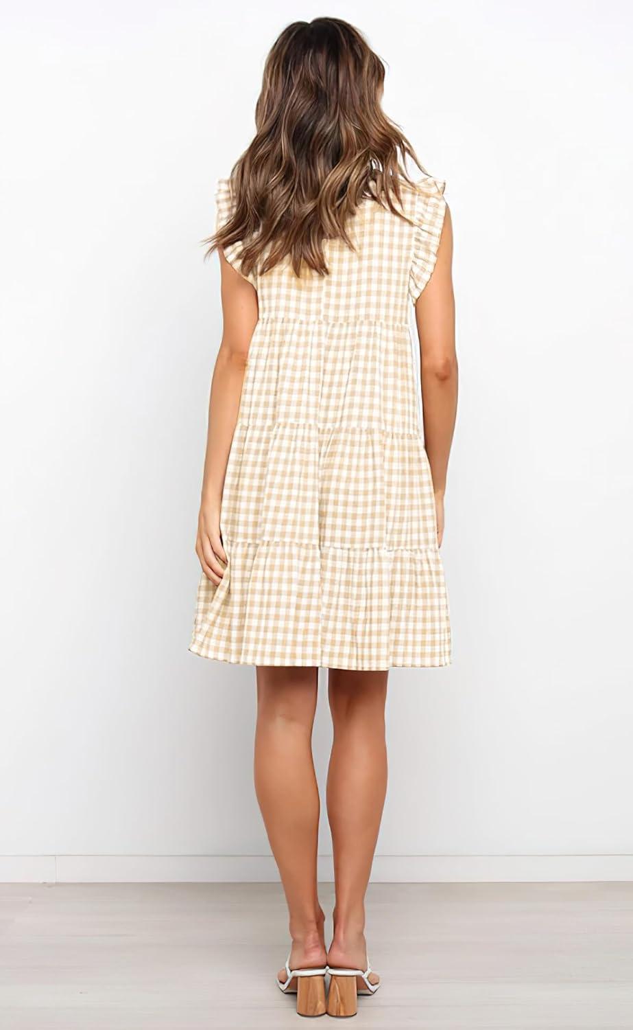 imagechouyatou Womens Summer Ruffle Puff Sleeve Babydoll Dress Cute Gingham Plaid Printed Tiered Midi DressKhaki