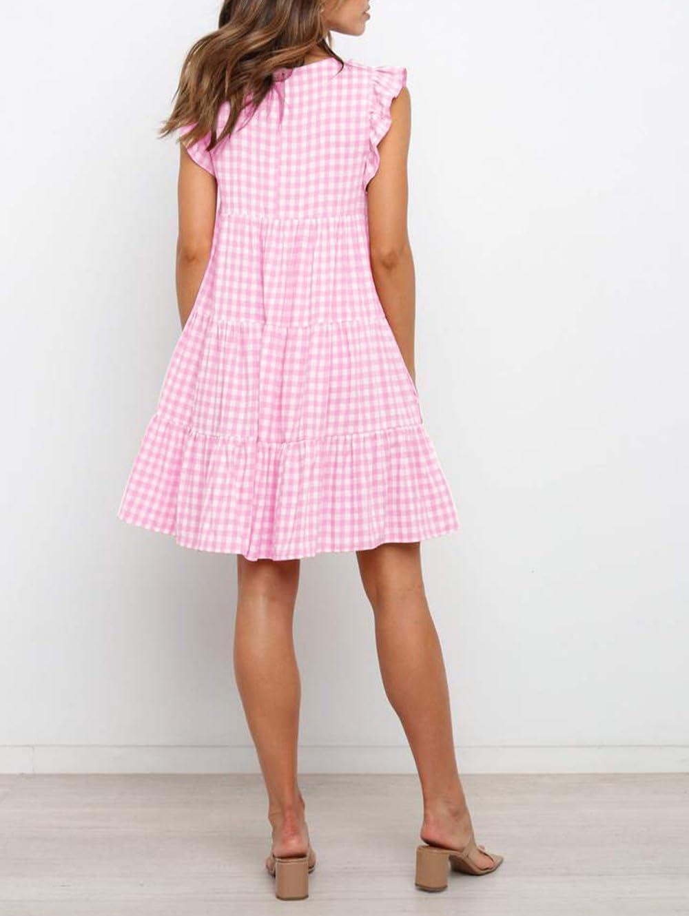 imagechouyatou Womens Summer Ruffle Puff Sleeve Babydoll Dress Cute Gingham Plaid Printed Tiered Midi DressLight Pink
