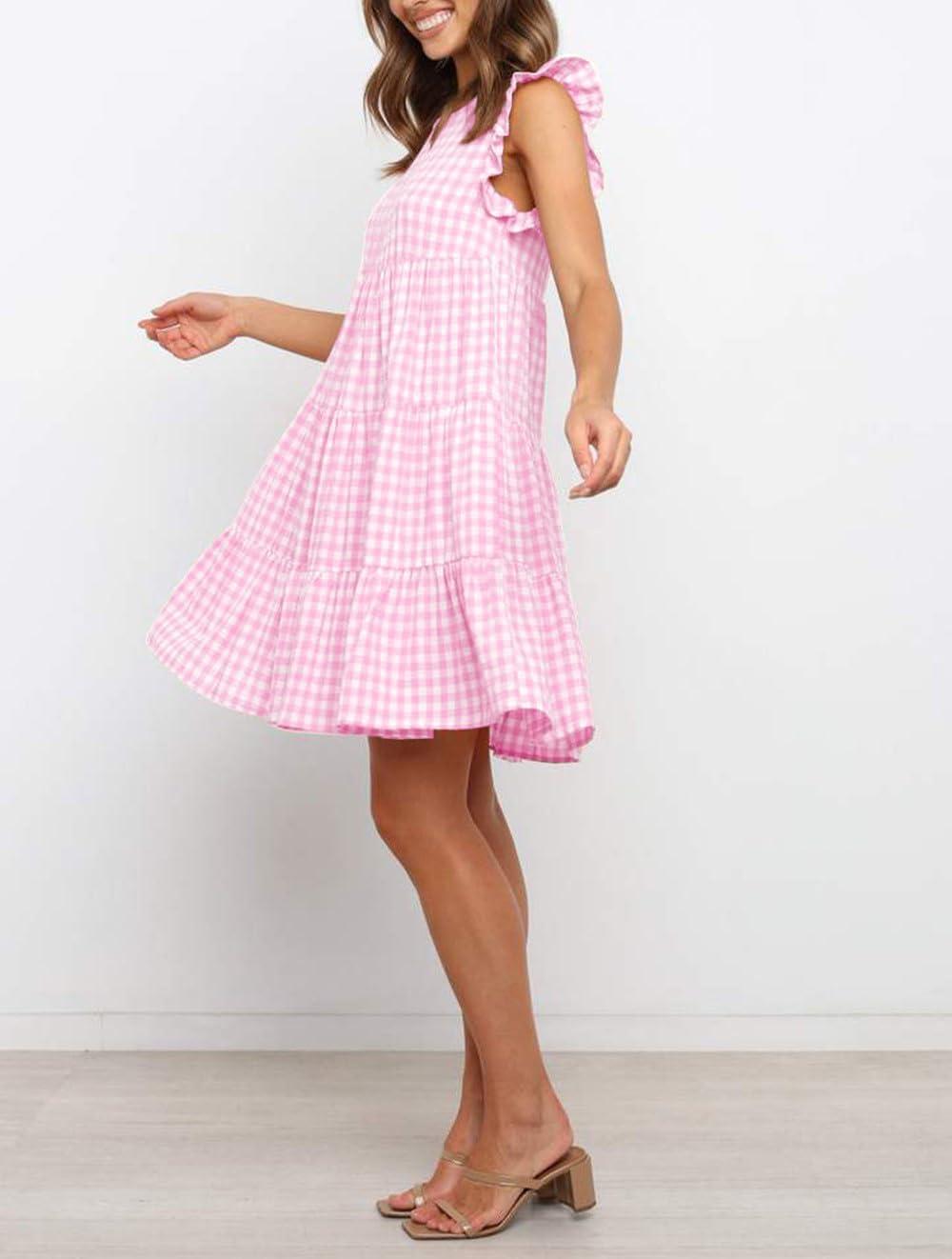 imagechouyatou Womens Summer Ruffle Puff Sleeve Babydoll Dress Cute Gingham Plaid Printed Tiered Midi DressLight Pink