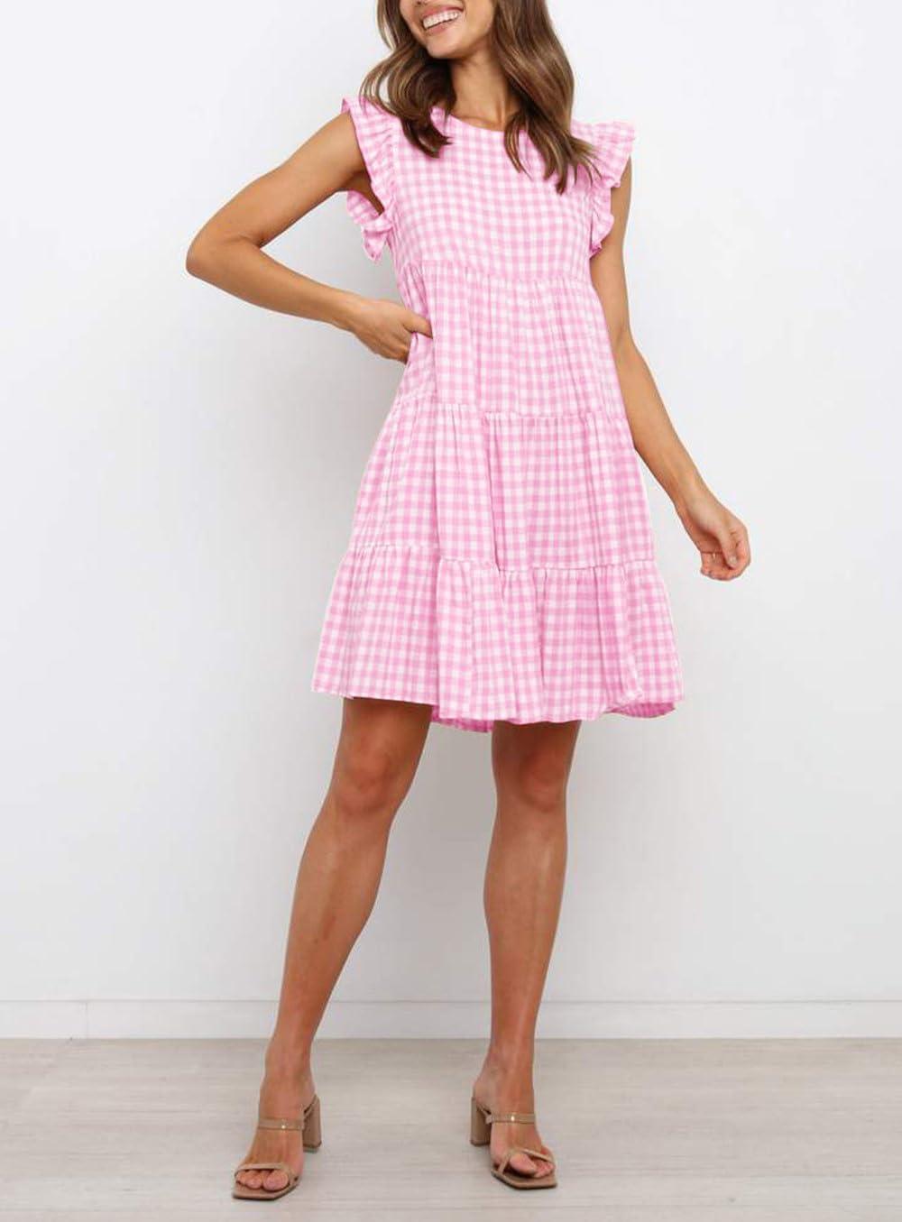imagechouyatou Womens Summer Ruffle Puff Sleeve Babydoll Dress Cute Gingham Plaid Printed Tiered Midi DressLight Pink