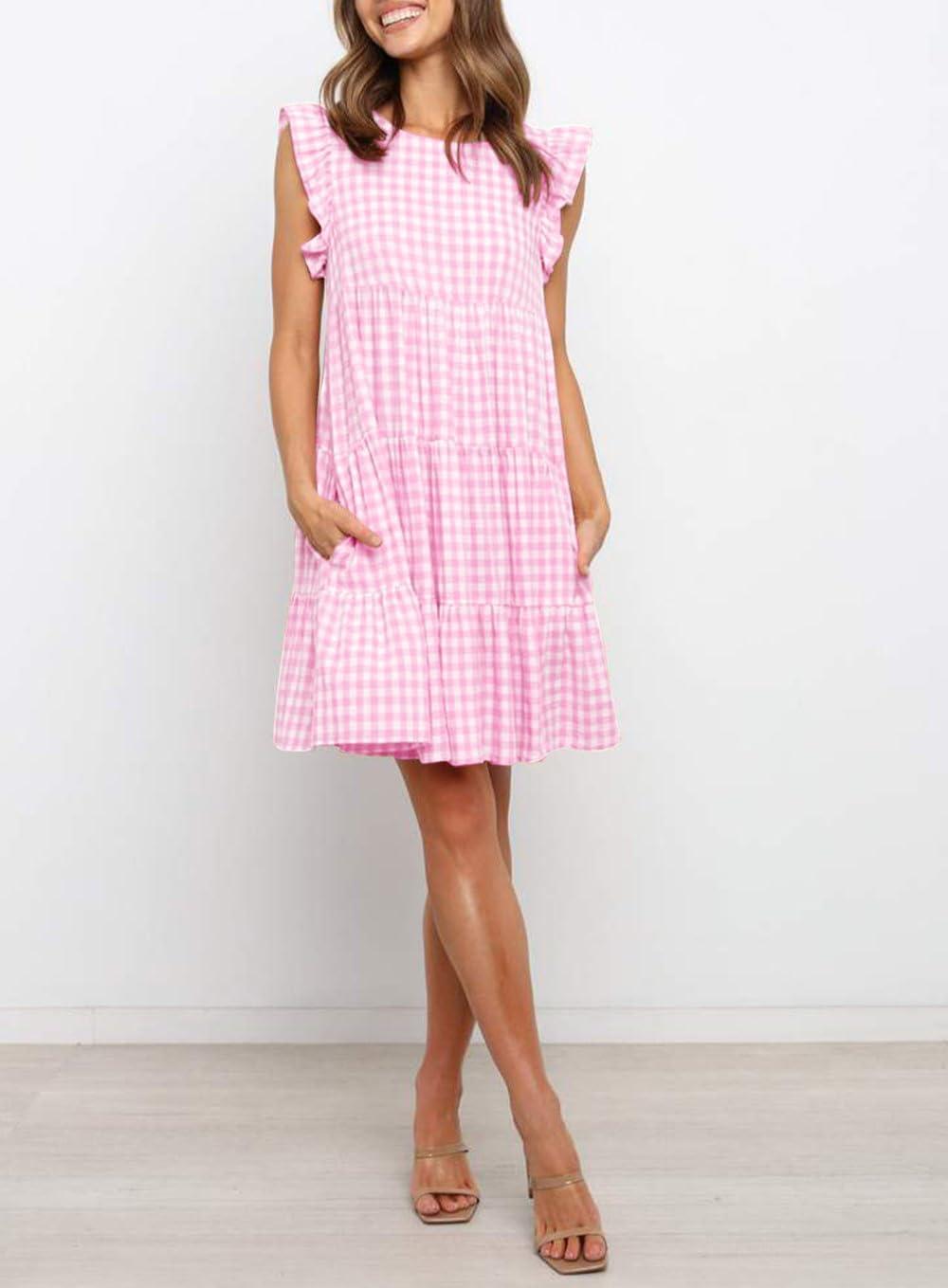 imagechouyatou Womens Summer Ruffle Puff Sleeve Babydoll Dress Cute Gingham Plaid Printed Tiered Midi DressLight Pink