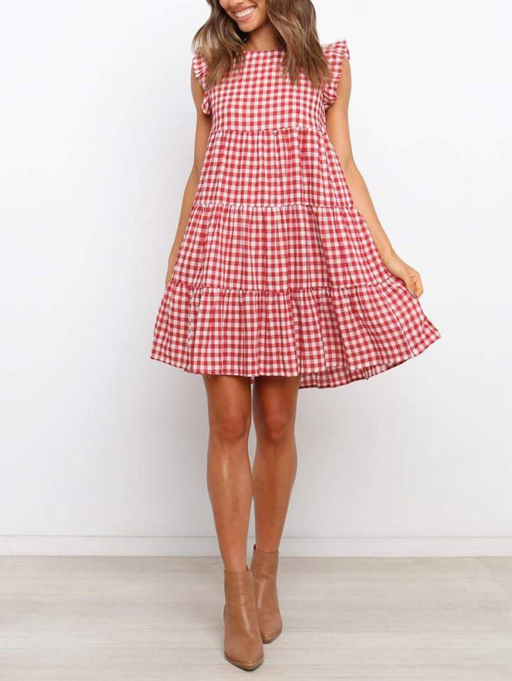 imagechouyatou Womens Summer Ruffle Puff Sleeve Babydoll Dress Cute Gingham Plaid Printed Tiered Midi DressRed